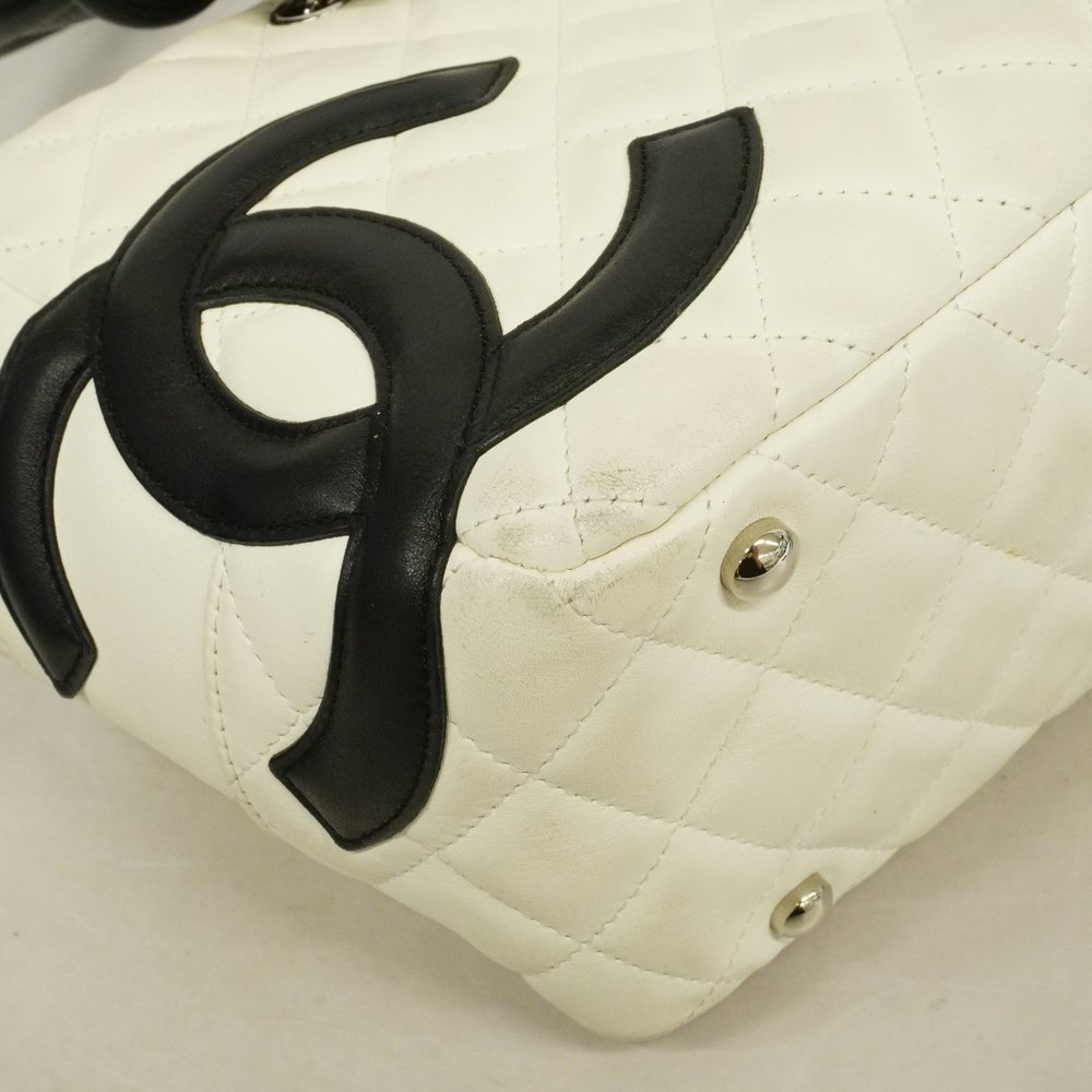 Auth Chanel Shoulder Bag Cambon Line Bowling Bag Lambskin White/Black Silver ... - Picture 8 of 10
